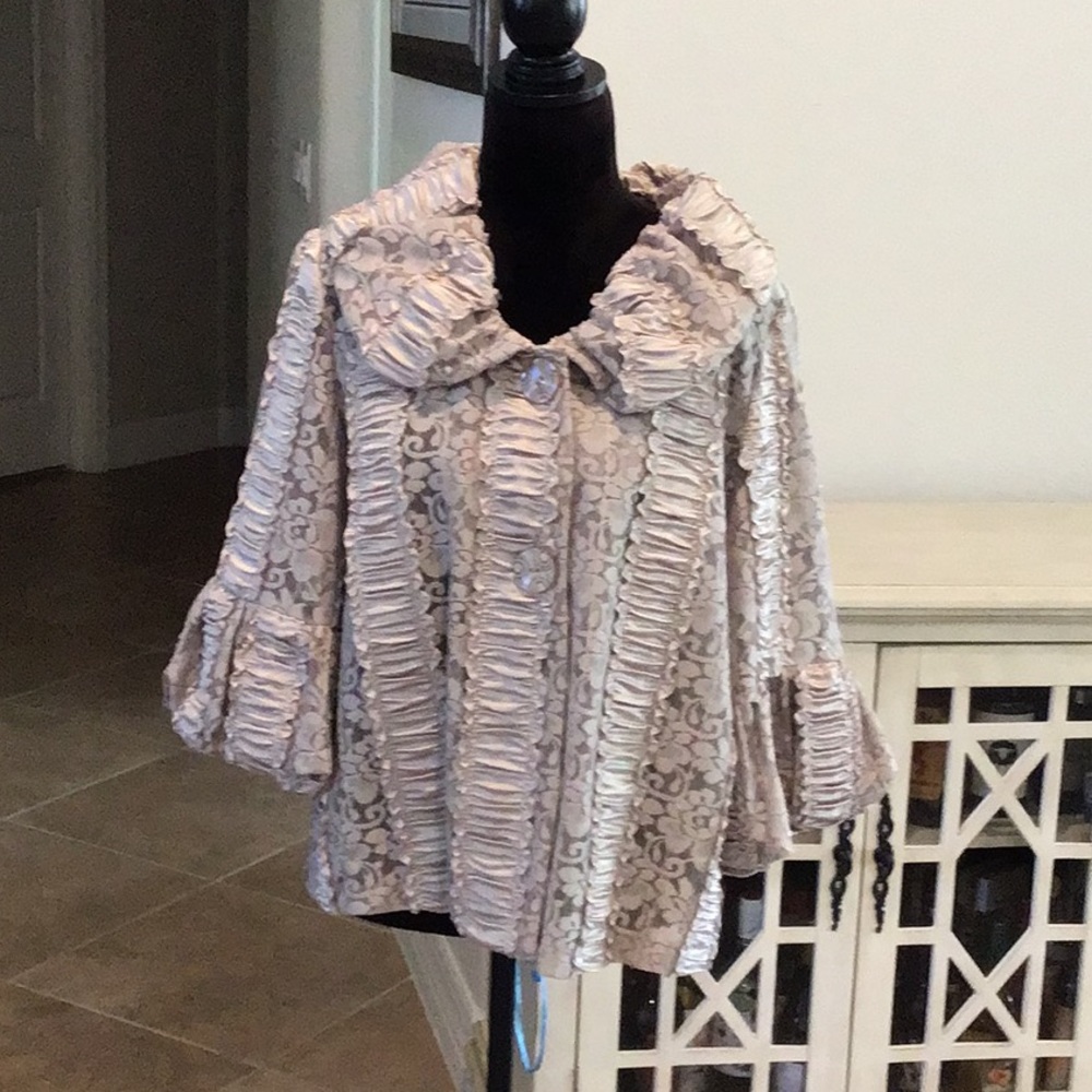 IC by Connie sequin lace evening jacket, two button front, bell sleeve, taupe,XL